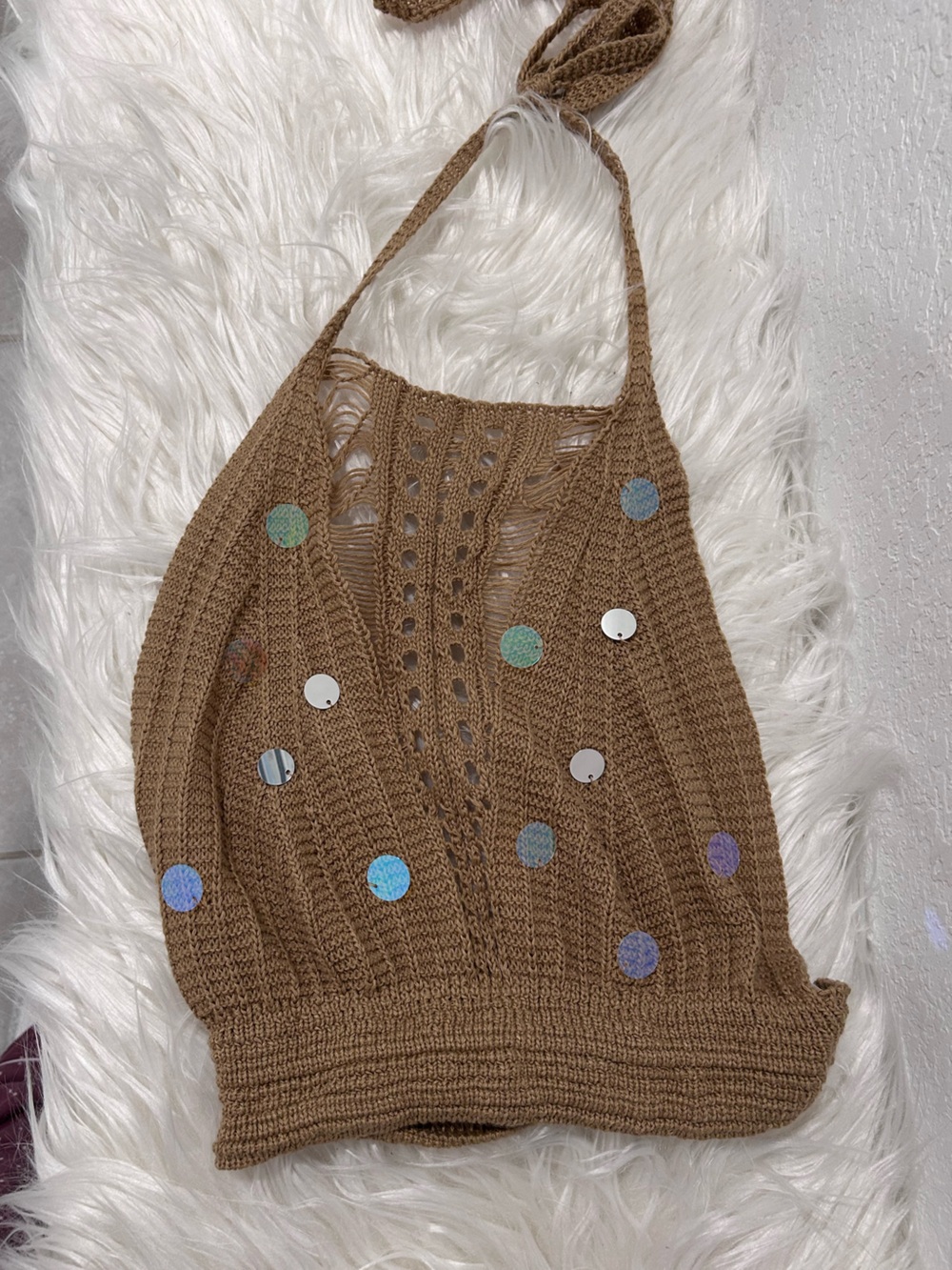 Brown Crochet Halter Tank Top with Sequin Accents & pants set